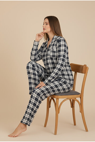 Bravie Set de pijamale de lux din viscoză, albastru închis, cu model în carouri, cu mâneci lungi, pentru femei – 42527