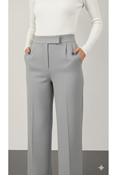 İpli Women's Gray Palazzo Pants High Waist, Pockets, Velcro Closure