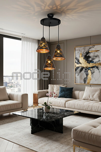 Modelight LAZER KESİM DESENLİ METAL 3LÜ AVİZE - SALON-OTURMA-ÇOCUK-YEMEK-YATA...
