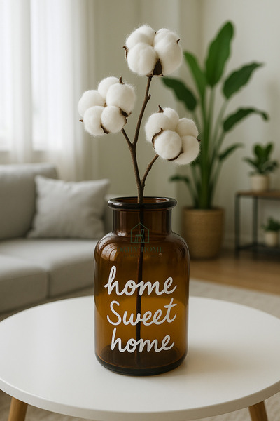 DailyHome Home Sweet Home Yazılı Dekoratif Kahverengi Cam Vazo