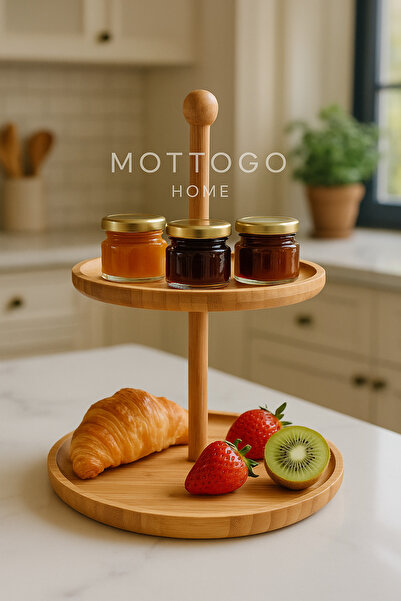 Mottogo 2 Katlı Bambu Sunum Standı – Kahvaltı ve Tatlı Servislik