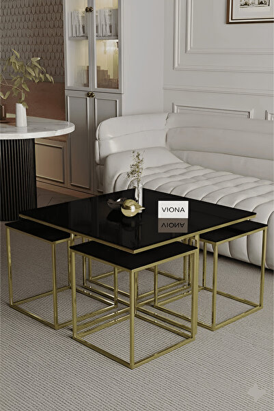 VIONA HOME Combot 5'li Gold Kaplama Siyah Aynalı Orta Sehpa & Zigon Sehpa & Yan Sehpa