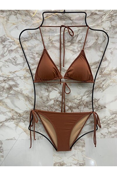 VAJESTO Kadın Sütlü Kahve Likralı Yandan Boyundan Bağlamalı Şık İpli Üçgen Bikini Takım