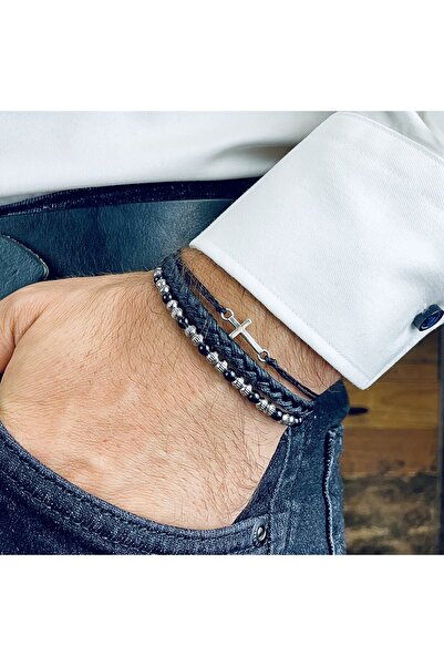 Velar Bracelets Set Bratari din Snur Cu Pietre Semipretioase Onix si Inox Cross (Reglabile)