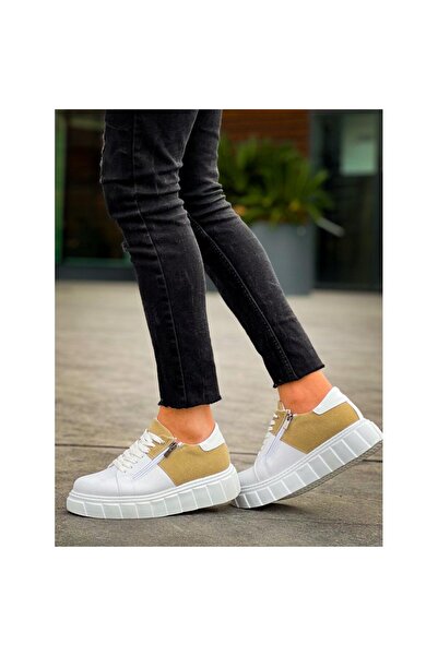 Zerenyus Zr-X155 Premium White Beige Suede Zippered High Sole Casual Sports Shoes
