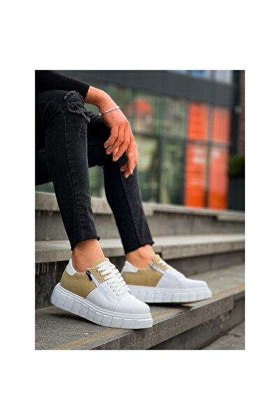 Zerenyus Zr-X155 Premium White Beige Suede Zippered High Sole Casual Sports Shoes