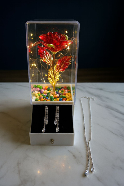 LUPHİRA Kırmızı Sonsuzluk Gülü Fanusu Çekmeceli Su Yolu Kolye Ve Küpe Seti İl...