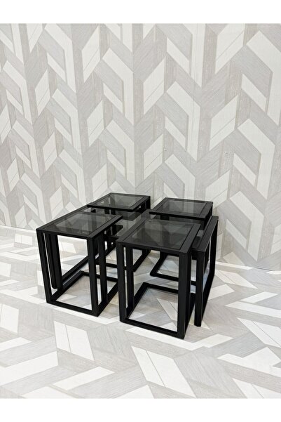 DEC24 طقم طاولات خدمة زجاجية بتصميم شفاف 4+1 بلون اسود