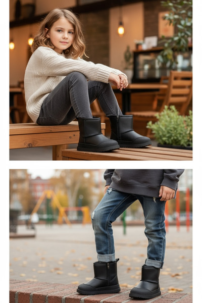 JOJO KIDS unisex παιδικές μπότες με εντός της κορυφής της γούνας, δερμάτινες μπότες με φερμουάρ, αντιολισθητική σόλα, αδιάβροχες μπότες