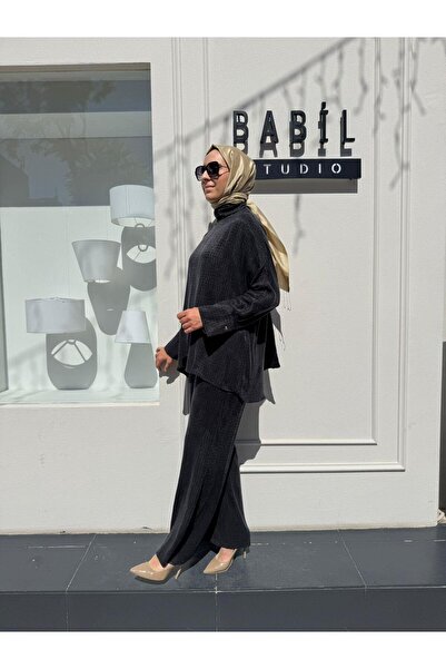 Babil Butik Td4558 Mila Textured Shawl Detail Women's Set Black