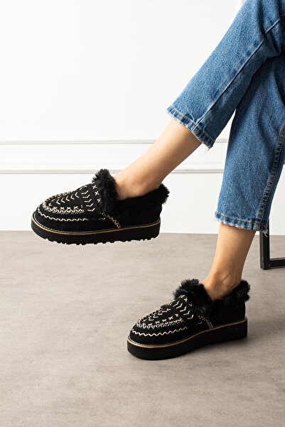 ShoeTek Liyi pentru femei, piele scurtă, căptușită cu blană, cu talpă ușoară, piele de căprioară neagră