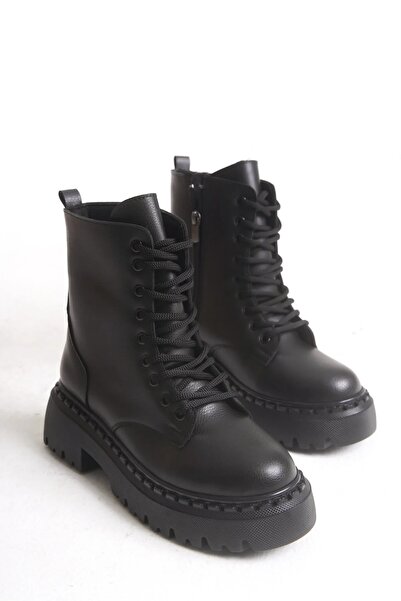 sermoda Γυναικείες μπότες - Γυναικείες μπότες με κορδόνια με φερμουάρ και χοντρή σόλα Γυναικείες μπότες μαύρες