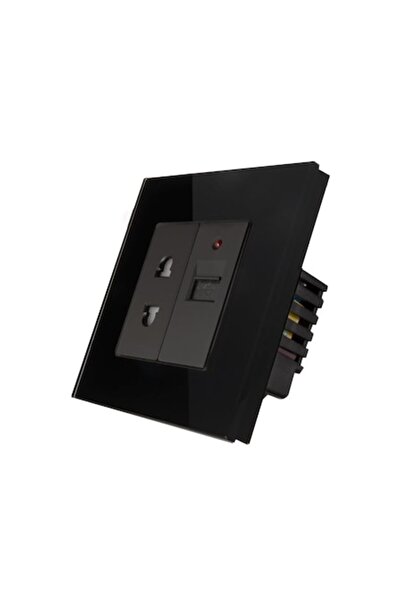 Bingoelec Priză completă standard italiană + priză de internet CAT6 cu ramă de sticlă neagră