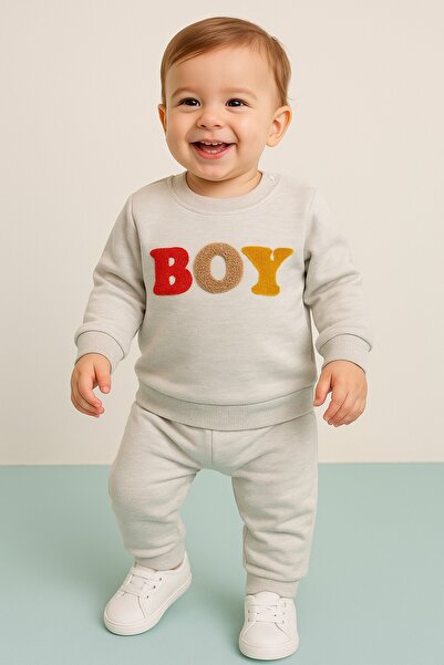 dinamik çocuk Erkek Bebek BOY Nakışlı Renkli Harfli 2’li Takım Sweatshirt ve Eşofman Altı 3-6-9-12ay