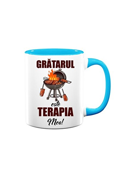 OEM Cană personalizată cu mesajul „Grătarul este terapia mea”, Betaprint, albă cu interior albastru, 330ml