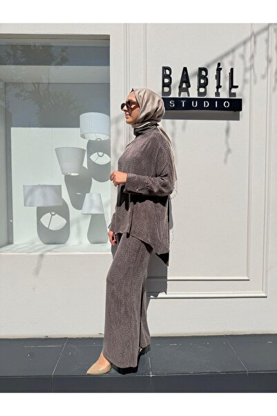 Babil Butik Td4558 Mila Textured Shawl Detail Women's Set Brown