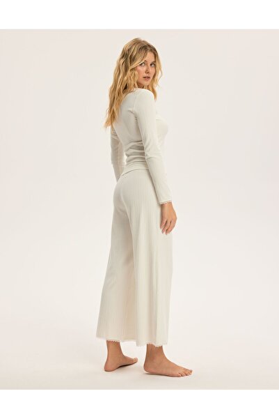 Bloovii Women's Pajama Set 2-Piece Long Sleeve & 3/4 Pants Wide Leg with Lace Ribbed | Misty