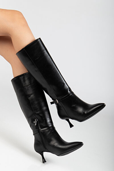 RİSSOLİ Γυναικείες μαύρες γυαλιστερές μπότες με λεπτό τακούνι με μυτερή μύτη