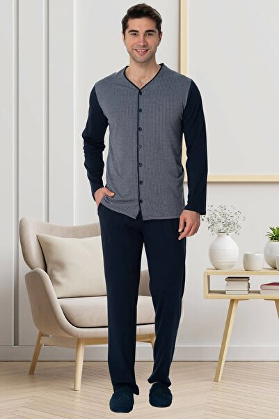 Mecit Pijama Ανδρικό σετ πιτζάμες με μακρύ μανίκι 100% βαμβακερό με κουμπιά