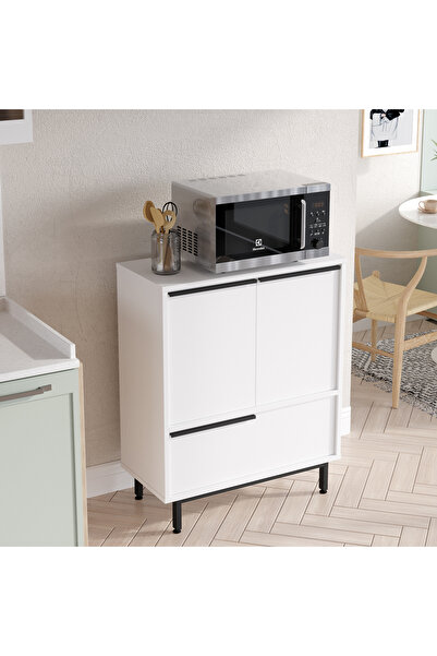 L'occi Concept Leena 75 cm Mutfak Dolabı Mikrodalga Kahve Köşesi 3 Kapaklı Metal Ayaklı Beyaz LA8A-W