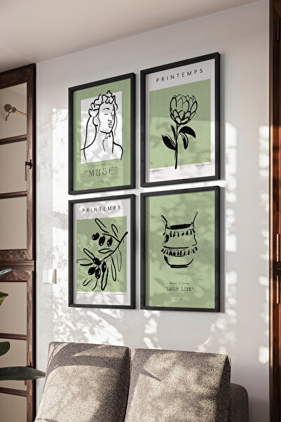 Basquiart Set de 4 postere cu ramă neagră, verde minimalist, set de picturi n...