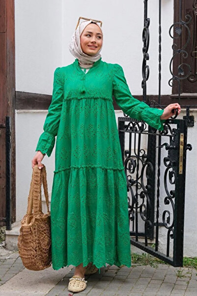 Tesettür Diyarı Fistolu Yaka Bağlama Detaylı Tesettür Elbise- Yeşil