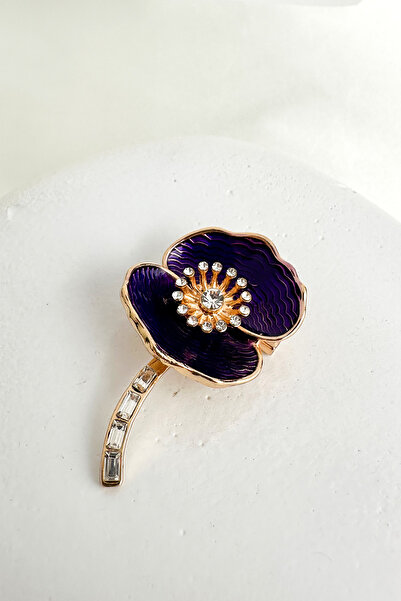 Modex Altın Rengi Mineli Baget Taş Detay Çiçek Broş (5cm)