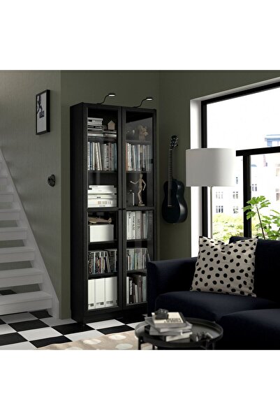 hobiurun Cam kapaklı kitaplık, siyah meşe görünümlü, 80x30x202 cm