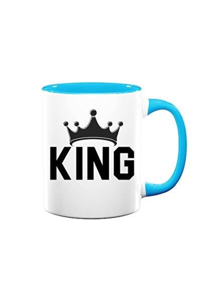 OEM Cană personalizată cu mesaj: „Rege”, model Crown, Betaprint, albă cu interior și mâner albastru