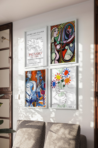 Basquiart Poster artistic Picasso, înrămat alb, în 4 piese, set de picturi nr:36