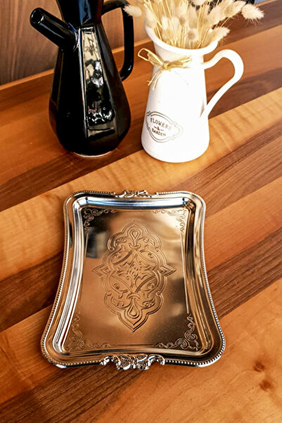 Tezyinat Wood صينية تقديم من المعدن المطروق المقاوم للصدأ للشاي والقهوة (غير قابلة للصدأ)