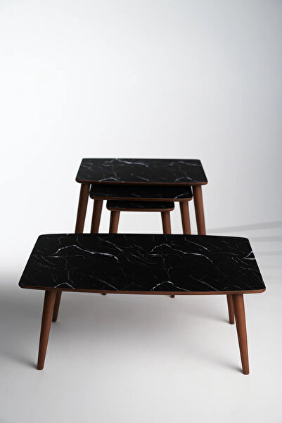 AYGE Orta Sehpa ve 3'lü Zigon Sehpa Seti %100 MDF Siyah Mermer