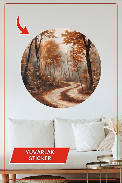KOSS Dijital Autocolant rotund cu peisaj de pădure și drum de toamnă, decoraț...