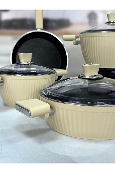 AROW Gi̇allo Nonstick 7 Piece Granite Cast Pot Set Cream Tkebt Cream