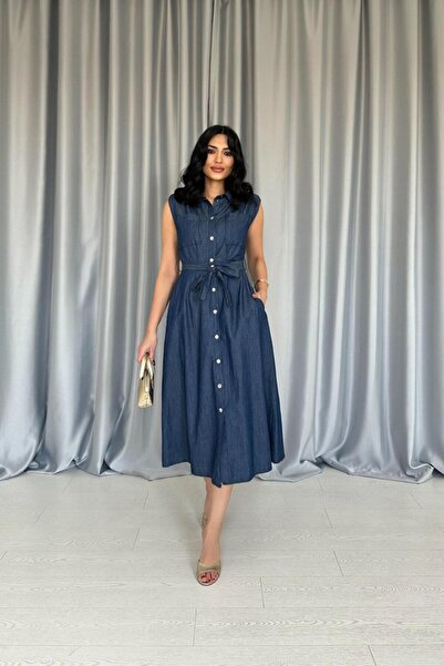 Wear Up Blue Tencel Snap Fastener Dress