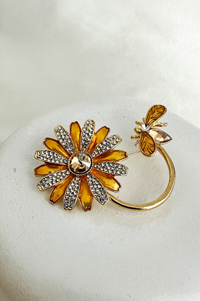 Modex Altın Rengi Arı Detay Mineli Taşlı Çiçek Broş (6cm)