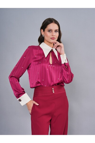 SERPİL Taş Detaylı Kontrast Yaka Saten Bluz 40846