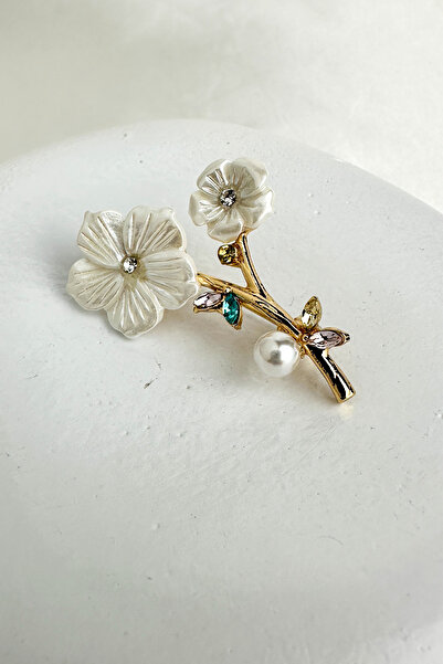 Modex Altın Rengi Taş Ve İnci Detay Yonca Broş (4cm)