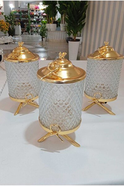AZADE BAKIR FİYONK MİNİ KRİSTAL AYAKLI 3 LÜ KAVANOZ SET GOLD