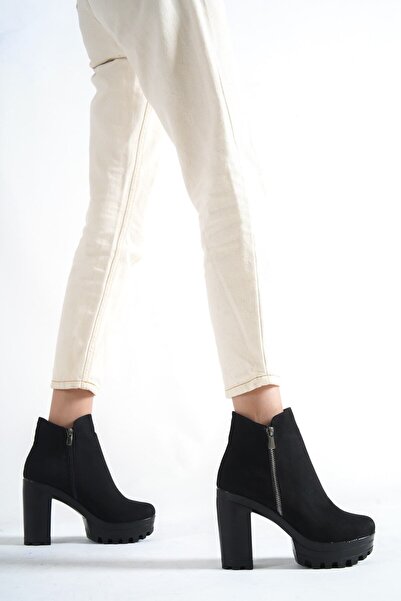 BİKAJOO Siyah Süet Kadın Platform Topuklu Fermuarlı Su Geçirmez Kışlık Bot & Botie BKJ0274