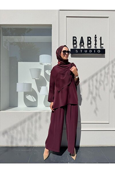 Babil Butik Td4521 Feral Shawl Detailed Women's Set Burgundy
