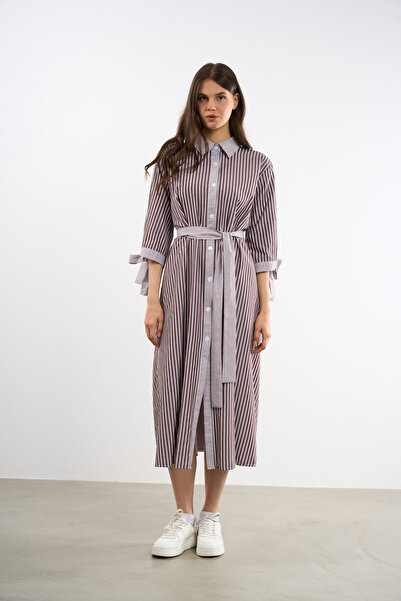 HANIQA Γυναικείο ριγέ μακρύ φόρεμα κάτω από το γόνατο