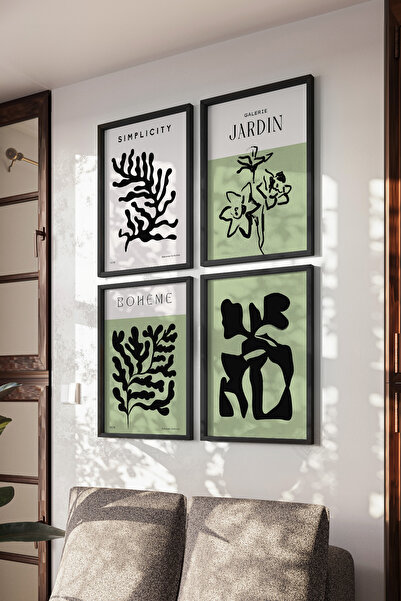 Basquiart Decor minimalist boem, set de 4 postere cu ramă neagră, set de pict...