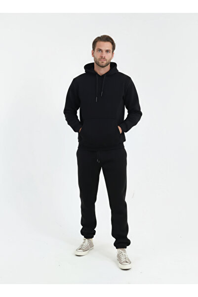 Sizce Moda Μαύρο σετ αθλητικής φόρμας με 3 κλωστές καγκουρό με τσέπες και φλι...