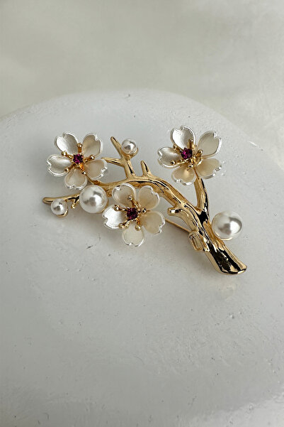 Modex Altın Rengi İnci Detay Çiçek Broş (5cm)