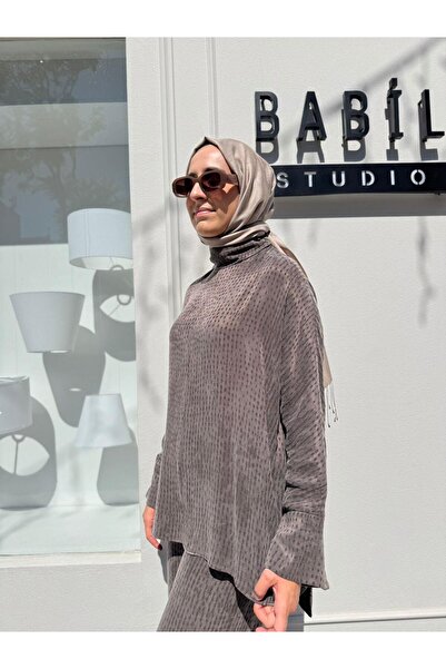 Babil Butik Td4558 Mila Textured Shawl Detail Women's Set Brown