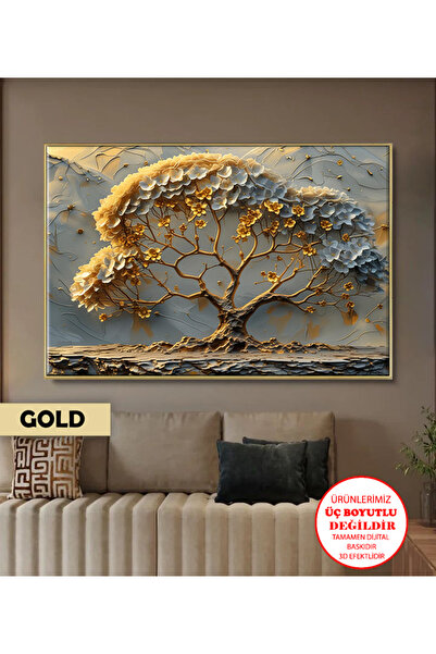 Harika bir ev | GOLD ÇİÇEKLİ AĞAÇ MANZARASI MODELİ 01 | ÇERÇEVELİ KANVAS TABL...