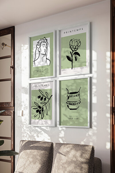 Basquiart Set de 4 postere cu ramă albă, Green Minimal, Setul de picturi nr.:10