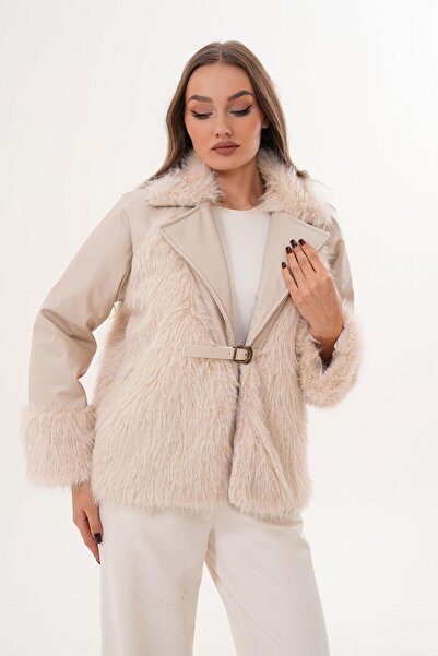 Flame İstanbul Butik Leather Garni and Leather Buckle Detailed Short Fur Crea...