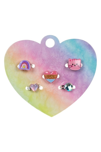 OEM Set Kids Rings, Cat and Heart Designs, Multicolor, Adjustable, 5 Pieces